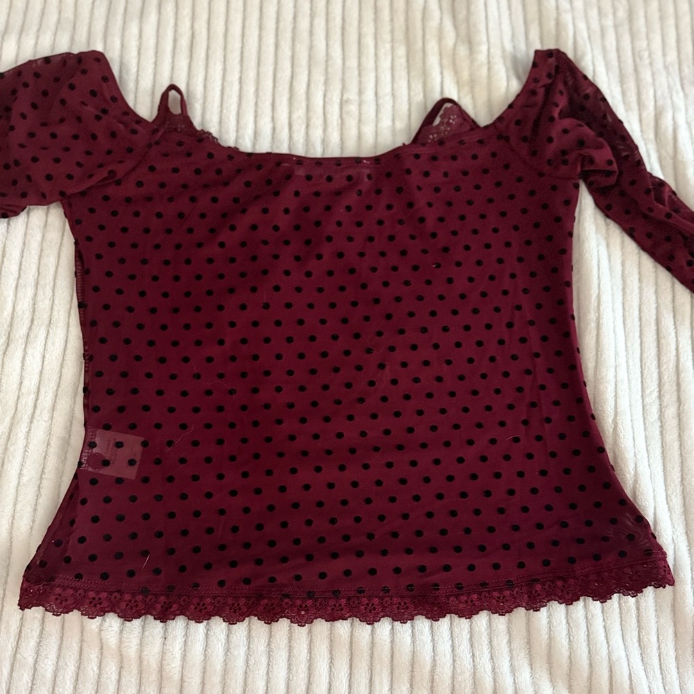 Princess Polly: On My Side Off Shoulder Tie Neck Top Burgundy *discontinued* - Picture 6 of 7